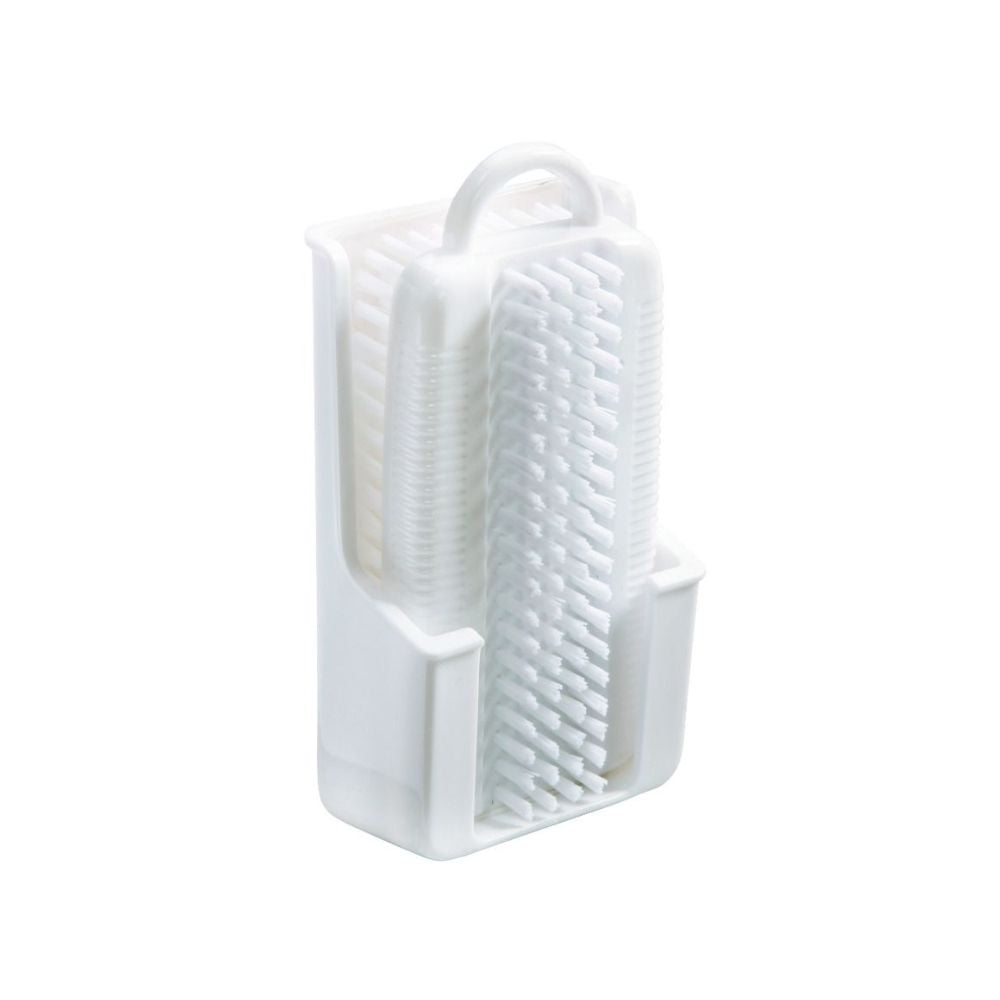 The Haug Nail Brush Double with Quiver in White from Haug Bürsten KG is designed for professional use and features vertical bristles and an ergonomic handle on an integrated holder. The compact, minimalist design includes a drainage slot for optimal hygiene.
