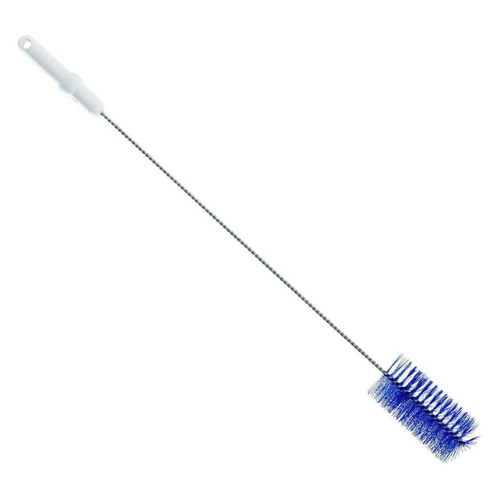 The tube brush from Haug Bürsten KG has a white handle, a metal shaft, and blue bristles. Its cylindrical design with durable V2A stainless steel wire construction is perfect for cleaning tight or hard-to-reach areas.