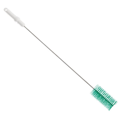 The Haug Bürsten KG Haug PBT tube brush with dimensions 700 x Ø60 mm is a long, narrow bottle brush with a white plastic handle and green bristles. It features stainless steel wire connecting the handle to the bristles, ideal for cleaning bottles or similar containers on a plain white background.