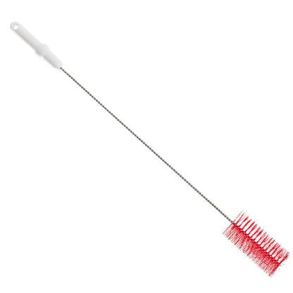 The Haug Bürsten KG PBT tube brush has densely spaced red bristles with a white plastic handle, ideal for cleaning tight spaces or pipes.