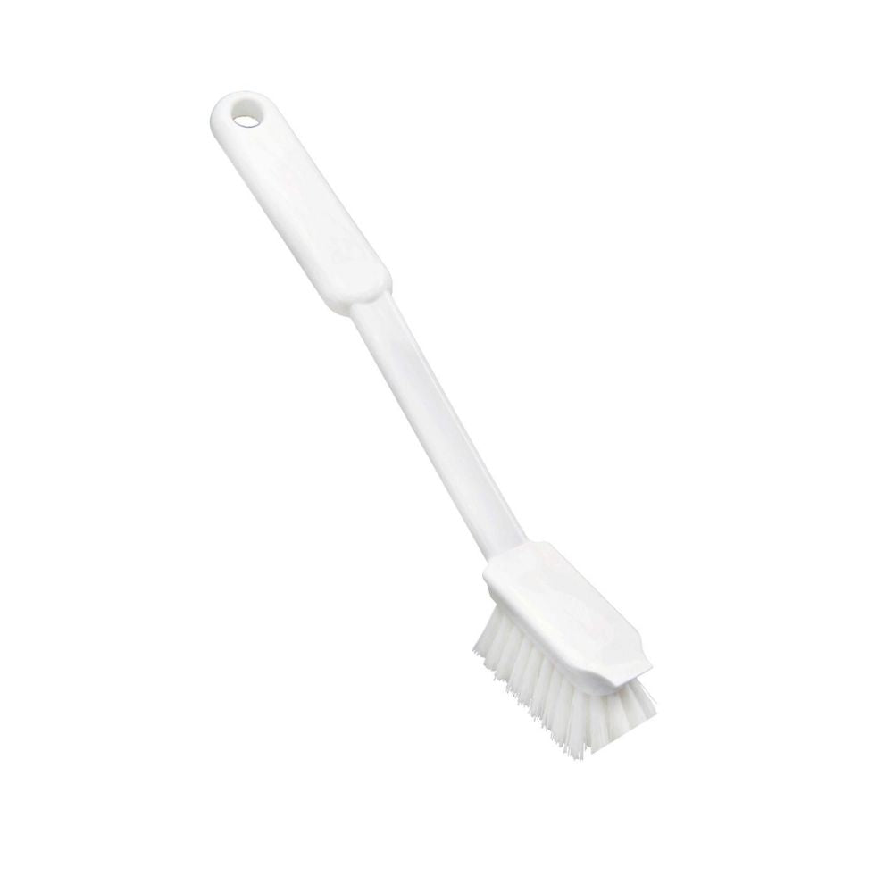 The Haug Narrow Nylon Dish Brush, Medium-Hard, White, from Haug Bürsten KG is a white plastic cleaning brush with durable nylon bristles and a long handle featuring a hanging hole, ideal for professional cleaning. Dimensions: 255 x 33 x 70 mm.