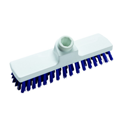 The Haug scrubber with dimensions 225 x 60 x 100 mm from Haug Bürsten KG is a white cleaning brush head with stiff blue bristles. It features a threaded socket for handle attachment and is designed for scrubbing surfaces while adhering to HACCP hygiene standards.