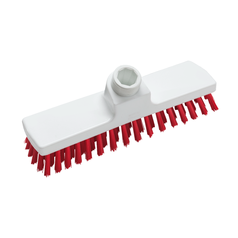 The Haug scrubber 225 x 60 x 100 mm from Haug Bürsten KG is a white cleaning brush head with red bristles made from food-safe material. It features a central socket for handle attachment and complies with HACCP hygiene standards.