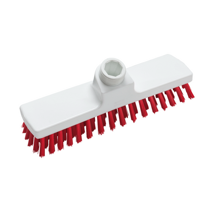 The Haug scrubber 225 x 60 x 100 mm from Haug Bürsten KG is a white cleaning brush head with red bristles made from food-safe material. It features a central socket for handle attachment and complies with HACCP hygiene standards.