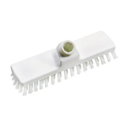 We present the Haug scrubber from Haug Bürsten KG: a 225 x 60 x 100 mm white brush head with stiff bristles and a hexagonal socket for attaching the handle. It is made from food-safe materials and its evenly arranged bristles ensure efficient scrubbing, while its durable design complies with HACCP hygiene standards. The brush head is elegantly mounted against a plain white background.