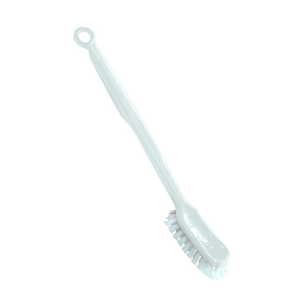 The Haug narrow dish brush from Haug Bürsten KG is a white dish brush made of plastic with a long handle with a hanging hole and nylon bristles, ideal for use in large kitchens. Its dimensions are 290 x 30 x 50 mm.