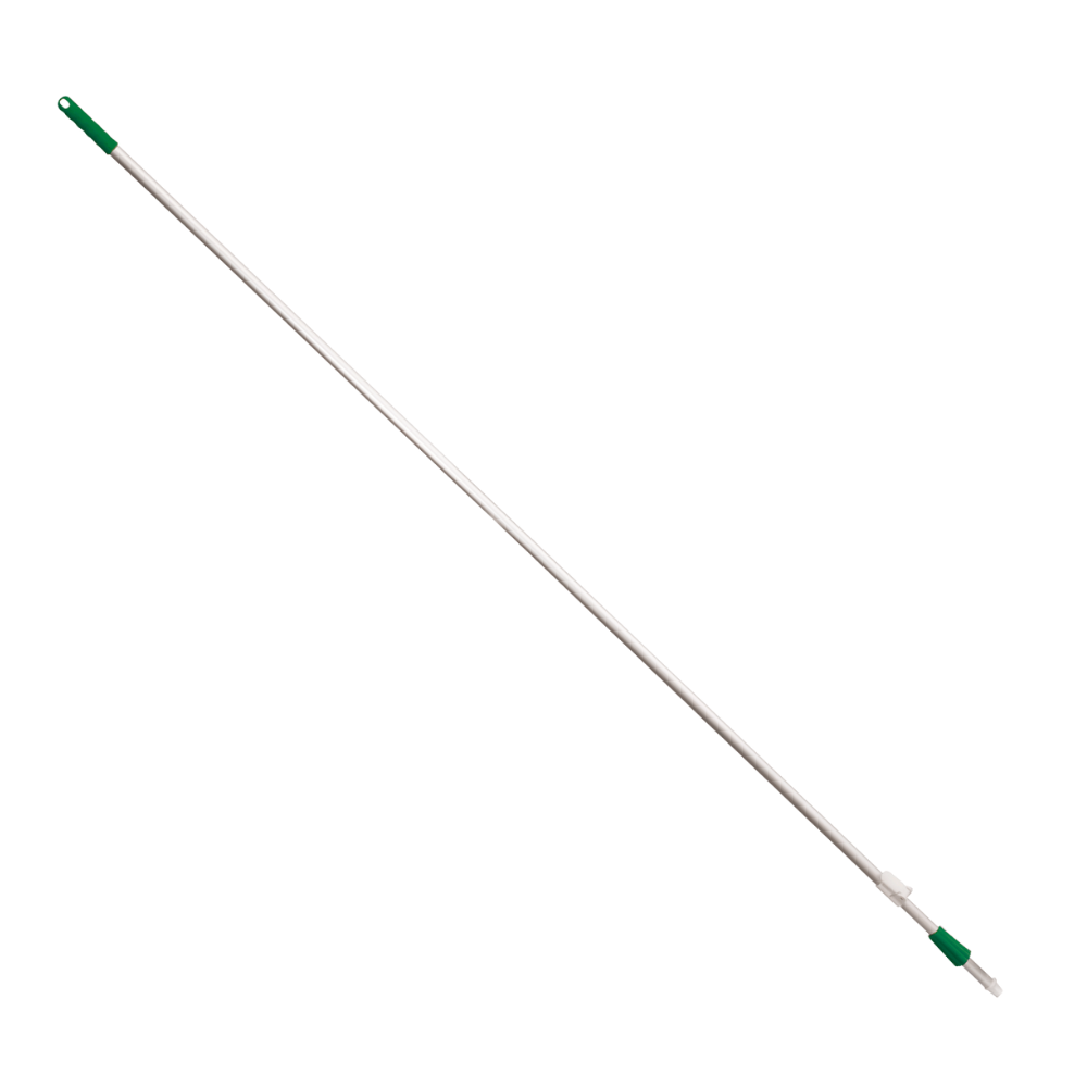 The Haug telescopic handle extendable, with dimensions from 2180 to 4000 mm and a diameter of 25/22 mm, features a lightweight aluminum rod with a green handle and white tip. Its anodized aluminum tube design allows for adjustable extension, making it perfect for tasks such as sweeping, painting, or reaching high areas. Presented by Haug Bürsten KG in front of a plain white background.
