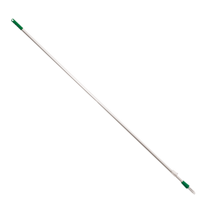 The Haug telescopic handle extendable, with dimensions from 2180 to 4000 mm and a diameter of 25/22 mm, features a lightweight aluminum rod with a green handle and white tip. Its anodized aluminum tube design allows for adjustable extension, making it perfect for tasks such as sweeping, painting, or reaching high areas. Presented by Haug Bürsten KG in front of a plain white background.