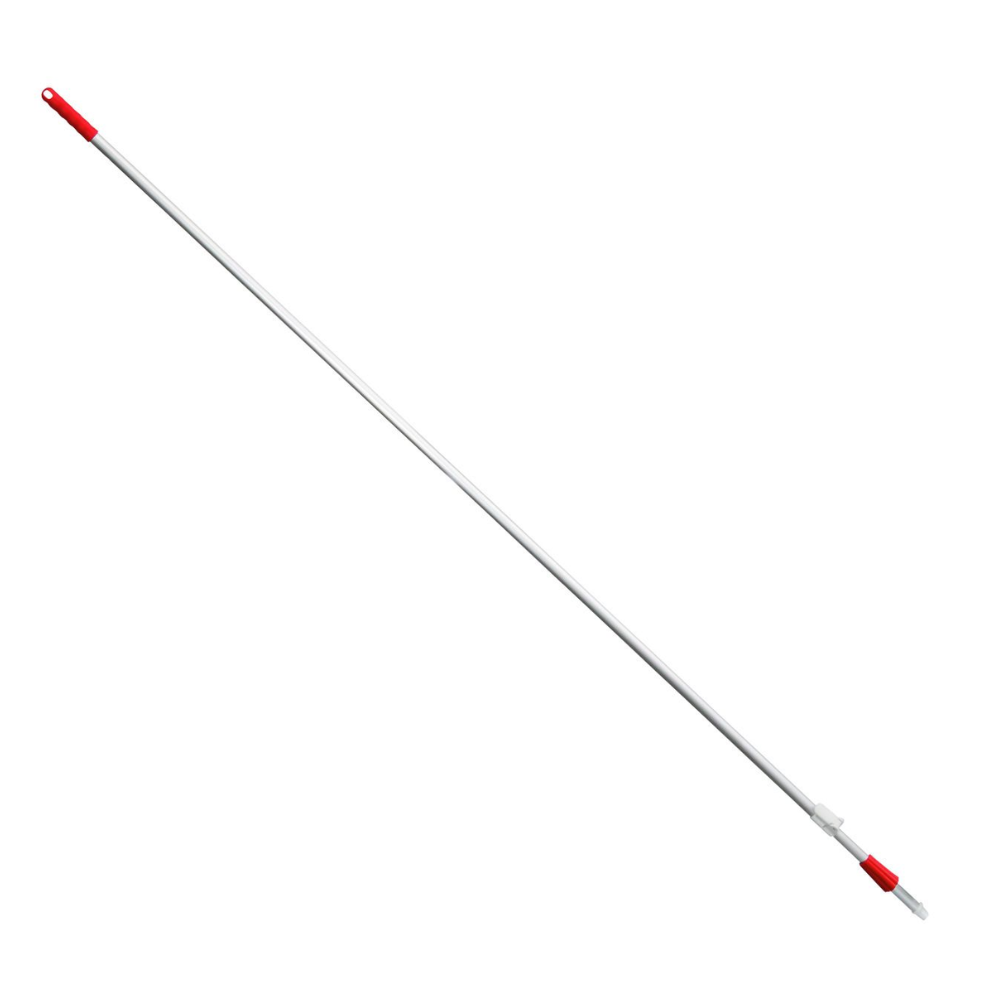 A telescopic rod from Haug Bürsten KG with an extendable length between 2180 and 4000 mm at a diameter of 25/22 mm, is delivered with a red handle and a metal tip made of anodized aluminum tube, isolated on a white background.