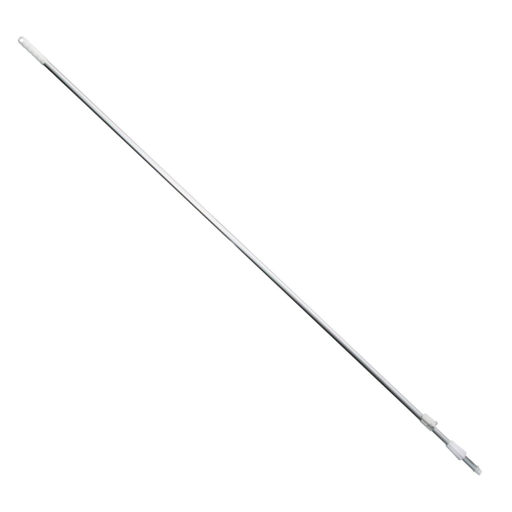 A long, narrow Haug telescopic handle extendable 2180 – 4000 mm ø 25/22 mm from the company Haug Bürsten KG, with plastic tips at both ends and made of anodized aluminum tube, is positioned at an angle in front of a white background.