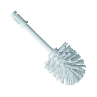 The Haug Bürsten KG WC replacement brush head round is a white WC brush head with stiff bristles, ideal for hygienic cleaning, depicted against a plain background.