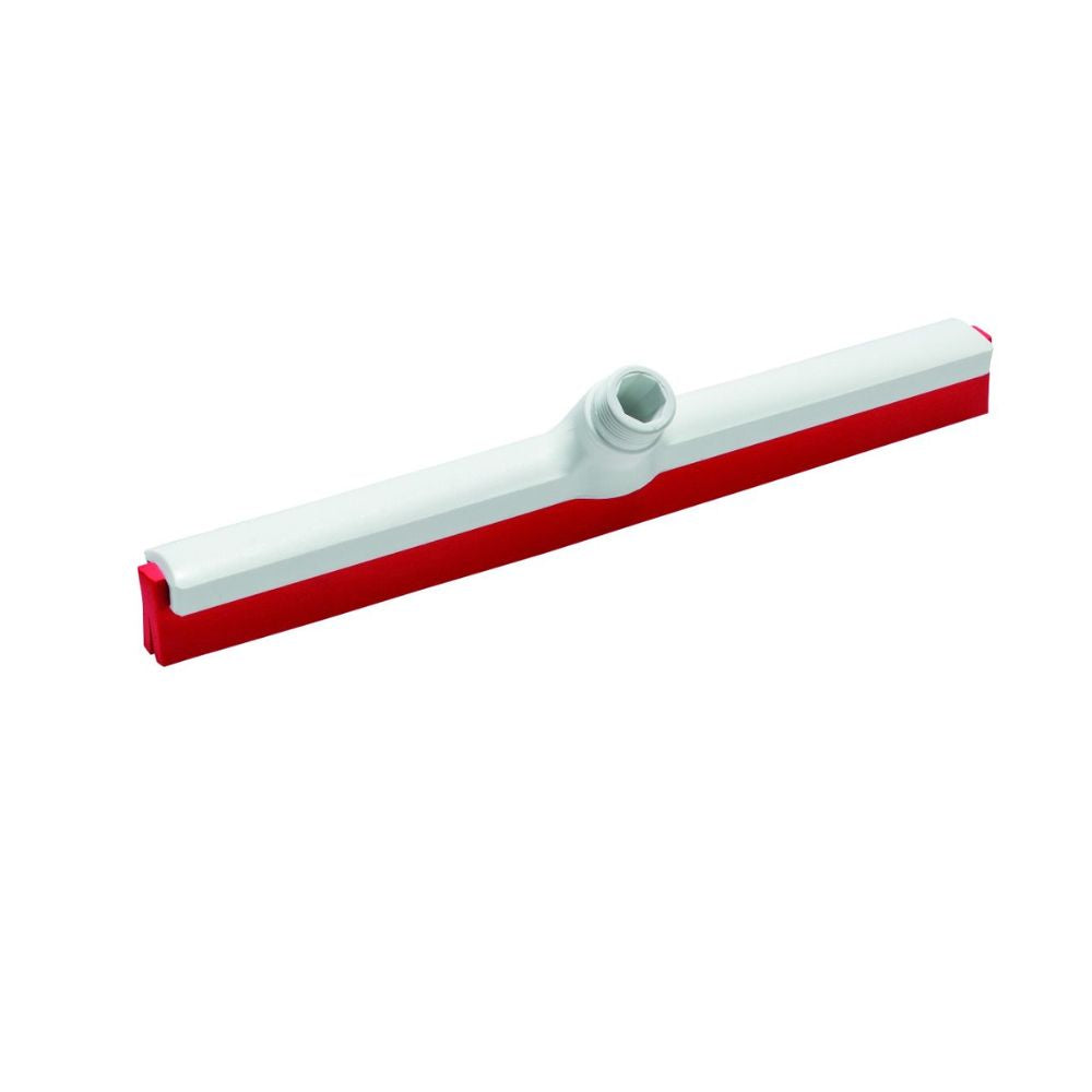The red-grey Haug squeegee from Haug Bürsten KG made of food-grade rubber features a scraper head and a central socket for easy handle attachment. Its straight edge is ideal for efficiently pushing water or liquid off surfaces. Dimensions: 420x35x25 mm.