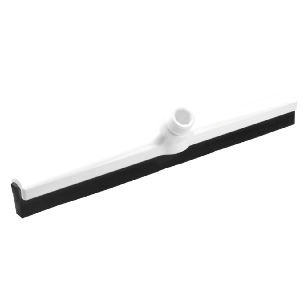 Against a perfectly white background, the Haug Bürsten KG floor squeegee is presented in white, equipped with a black double-lip interchangeable profile rubber blade and a central socket for a handle – ideal for hygienic applications. This product is known as the Haug water squeegee with interchangeable double-lip profile 420 x 35 x 80 mm and is available in various colors.