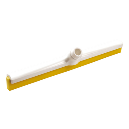 The Haug water squeegee with interchangeable profile from Haug Bürsten KG is a double-lip squeegee with a white frame and yellow rubber lip, equipped with a central attachment point for convenient handle attachment. Its straightforward and practical design makes it perfect for hygienic applications and ensures efficient cleaning of surfaces.