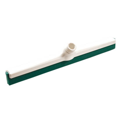 The image shows a Haug water squeegee with interchangeable double-lip profile, manufactured by Haug Bürsten KG. This floor squeegee has a white handle and a green rubber lip, making it ideal for hygienic applications as it easily removes liquids from surfaces. It is clearly visible against the white background.