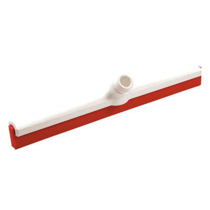 On a plain white background, a floor squeegee designed specifically for hygienic applications by Haug Bürsten KG is depicted in a red and white design with a central plastic handle attachment. The product model is the Haug water squeegee with interchangeable double-lip profile 420 x 35 x 80 mm available in various colors.