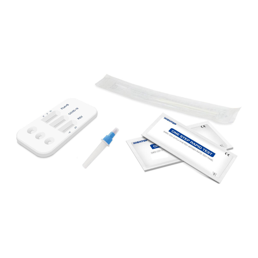 A HighTop Influenza A/B, RSV, Covid-19 professional rapid test – 20 pack | Box (20 tests) on a white background, including test device, sterile swab, sample extraction buffer, and instruction packets.