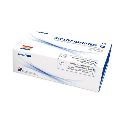 A box of HighTop Influenza A/B, RSV, Covid-19 professional rapid test kits for SARS-CoV-2 antigen tests. The packaging is white with blue and red accents and features logos, text, and a CE mark.