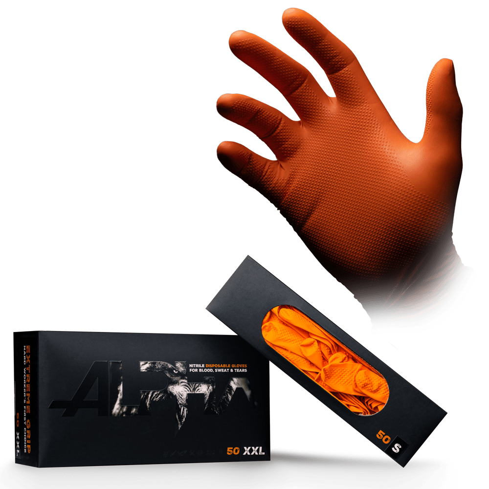 A raised right hand wears the orange High Grip disposable glove made of nitrile, ALPHA by AMPri Handelsgesellschaft mbH, over an XXL box with 50 gloves, which has a cutout showing the orange disposable glove inside.