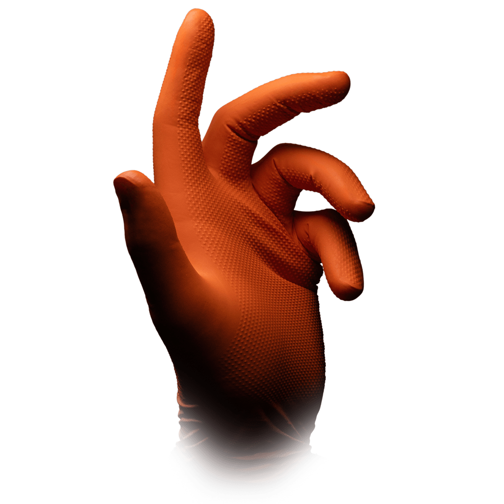 An orange High Grip disposable glove made of nitrile, ALPHA by AMPri Handelsgesellschaft mbH, is worn on a right hand with an extended index finger and curved fingers against a plain white background.