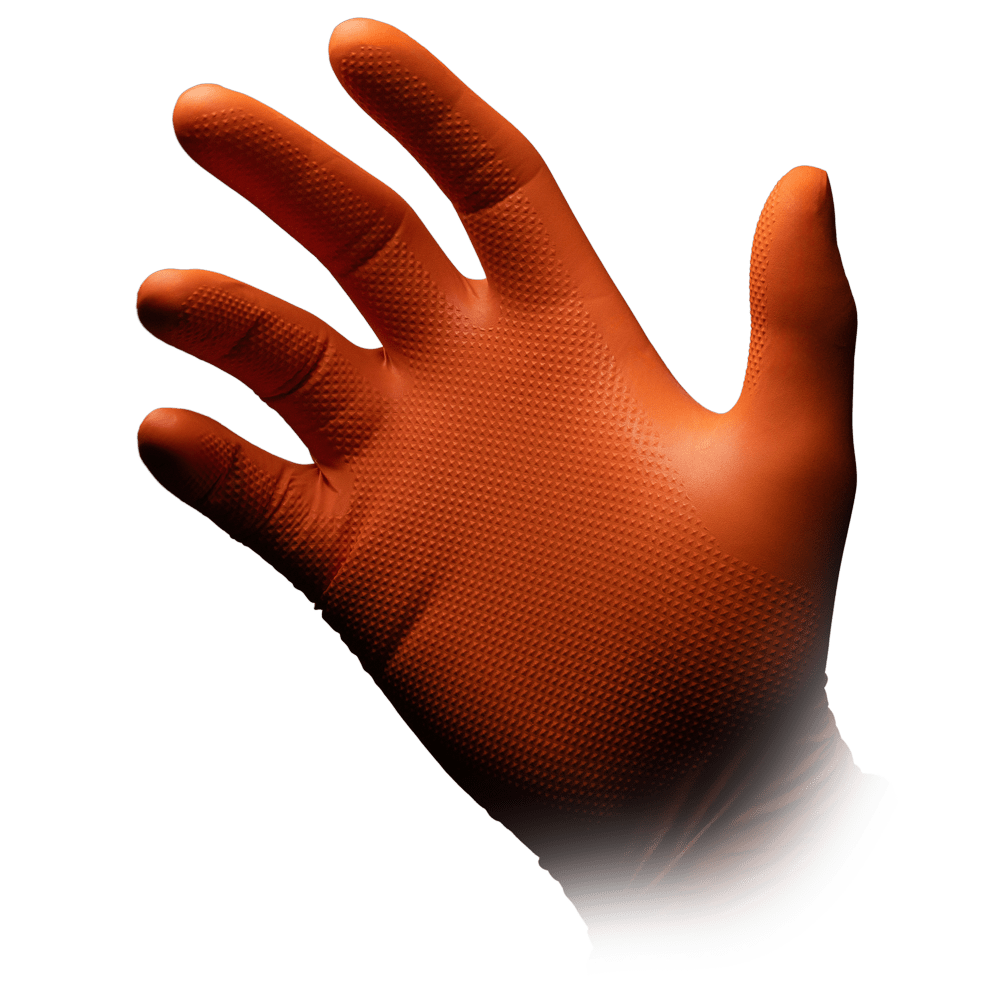 A hand wears an orange High Grip disposable glove made of nitrile, ALPHA by AMPri Handelsgesellschaft mbH, against a white background with the palm facing forward and fingers slightly spread.