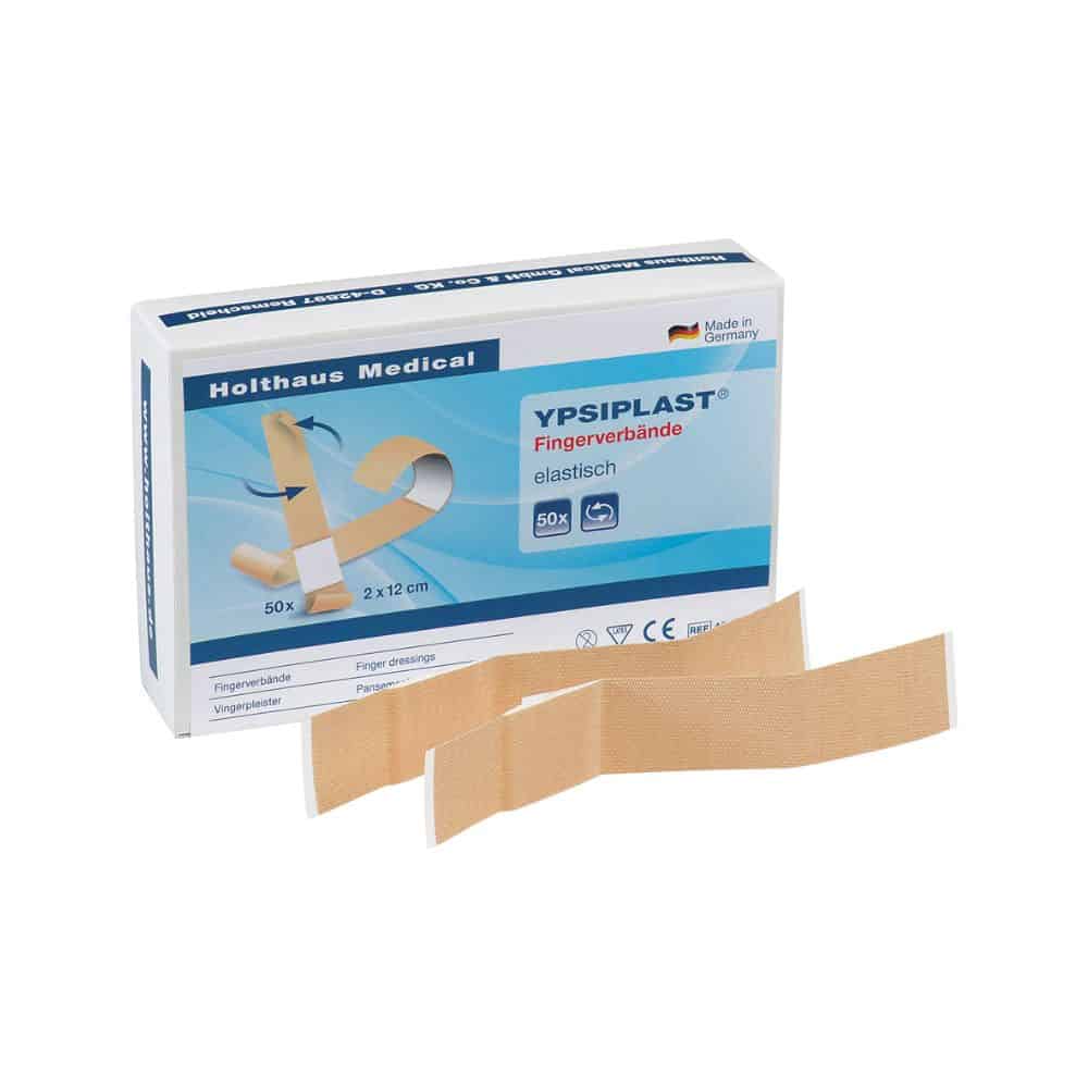 Displayed is a box of Holthaus Medical YPSIPLAST® finger bandage, elastic by Holthaus Medical GmbH & Co. KG, which contains 50 elastic bandages measuring 2 cm x 12 cm. In front of the box, two elastic finger bandages are placed. The packaging proudly states "Made in Germany".