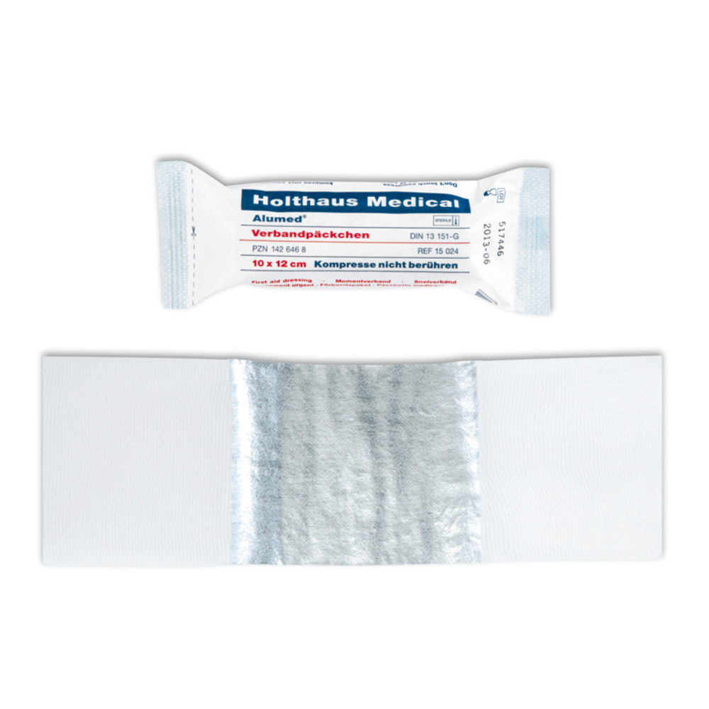 The Holthaus Alumed® dressing pack from Holthaus Medical GmbH & Co. KG is a sterile wound dressing with Alumed coating and is available in various sizes, such as 10x12 cm, with specific reference numbers. Under the packaging, the opened sterile dressing pack is depicted, with its absorbent pad highlighted.