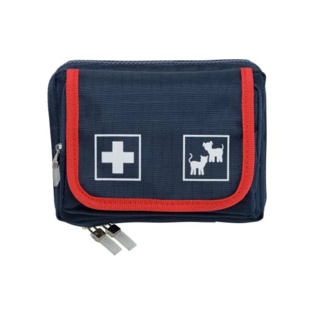 The Holthaus Medical Pet Care first aid bag from Holthaus Medical GmbH & Co. KG is navy blue with a red border, adorned with a white cross and cat/dog symbols. It features a double zipper for easy access and includes content tailored to needs.