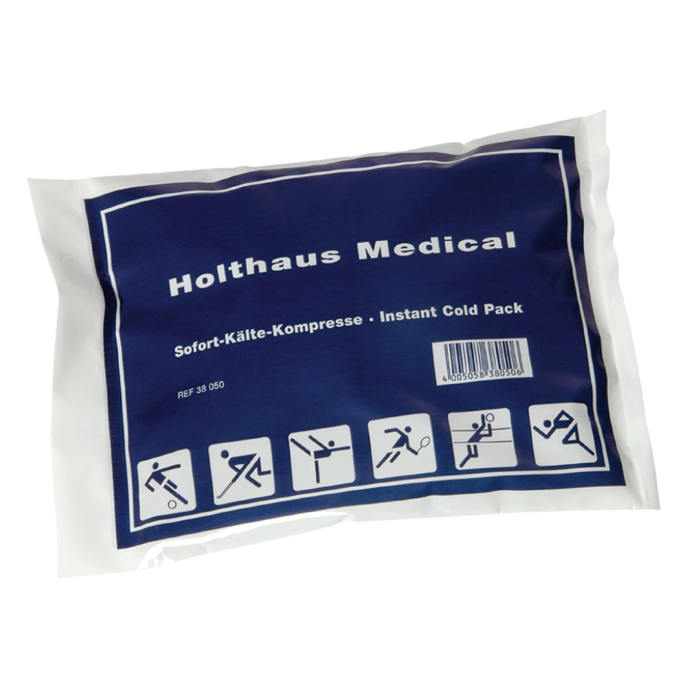 A blue-white package from Holthaus Medical GmbH & Co. KG with the label "Cold Compress for Single Use 15 x 14 cm" contains an instant cold compress. With sports icons, it is perfect for cold and cold, with text in German and English as well as a barcode.