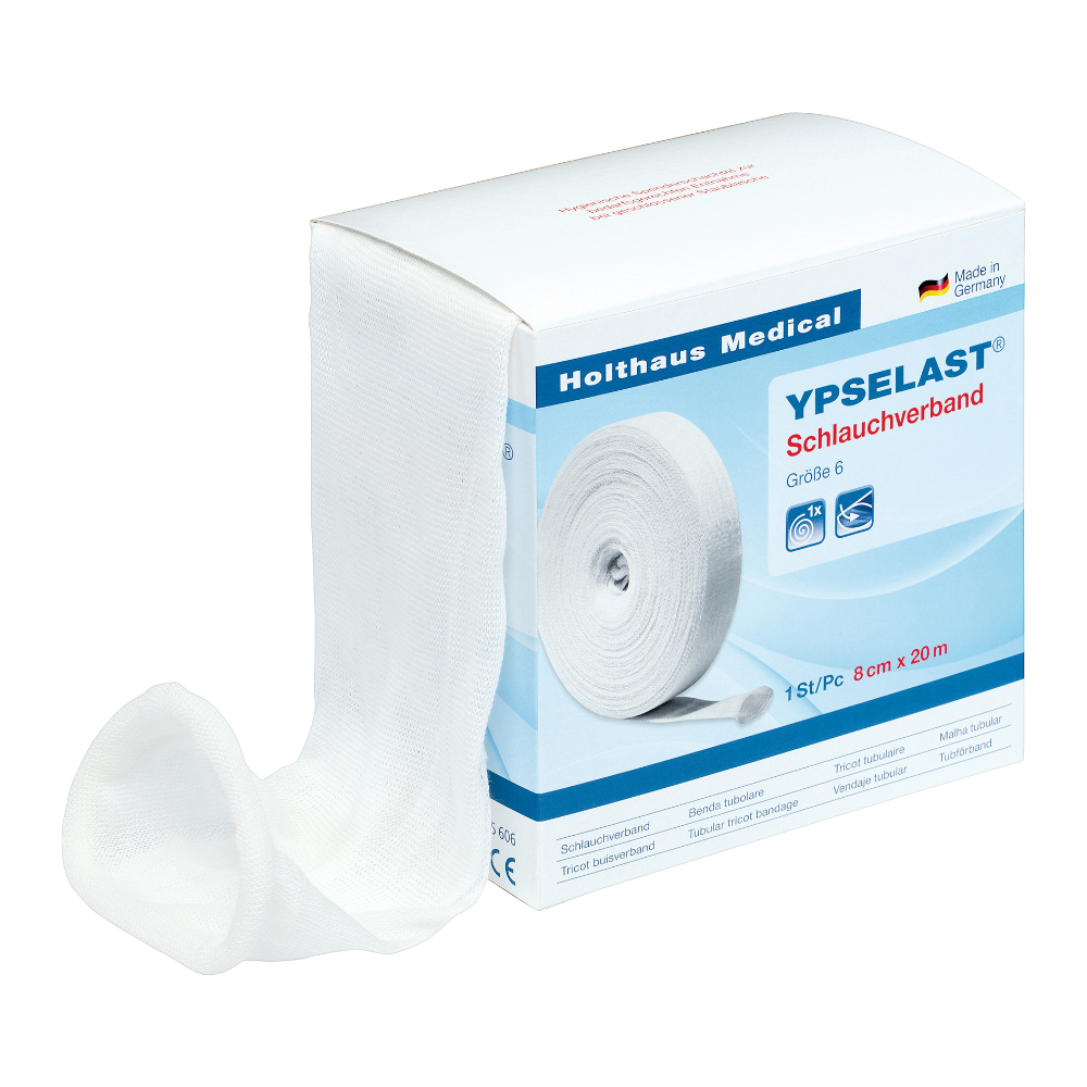 A white box of Holthaus Ypselast® tubular bandage in various sizes from Holthaus Medical GmbH & Co. KG. The box contains blue and red text as well as an image of the partially unrolled bandage. The bandage is 8 cm wide and 20 m long, and the packaging states that it is made in Germany.