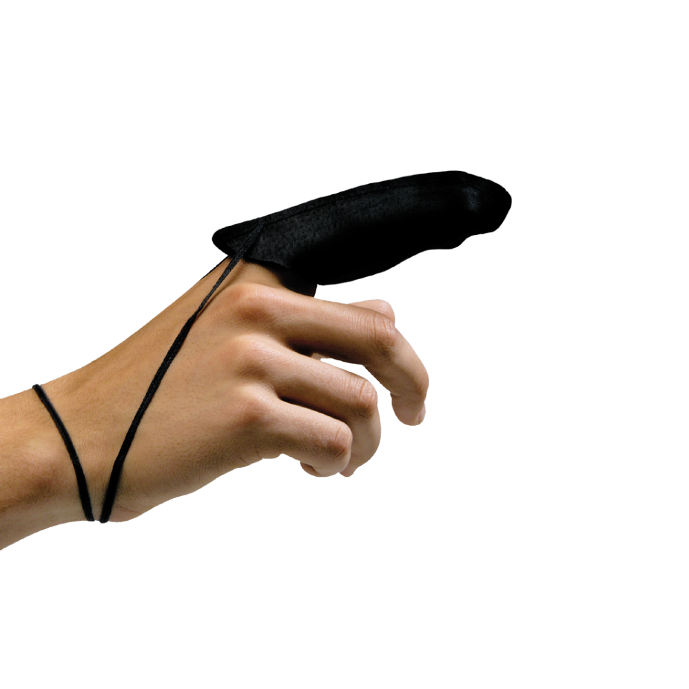 A hand is wearing a Holthaus Ypsimed leather finger cot size 3 from Holthaus Medical GmbH & Co. KG, which covers a finger, with a string wrapped around the wrist to hold the puppet in place. The background is plain white.