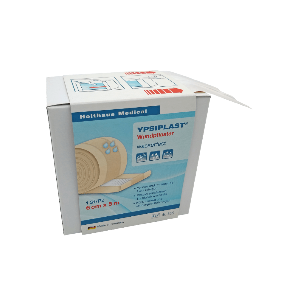 A box of Holthaus Ypsiplast adhesive bandages, water-repellent by Holthaus Medical GmbH & Co. KG. The predominantly white box with blue text offers a view of the bandage inside. Ideal for small wounds, it describes the waterproof adhesive bandage with the dimensions 6 cm x 5 m. The packaging also notes that it is made in Germany.