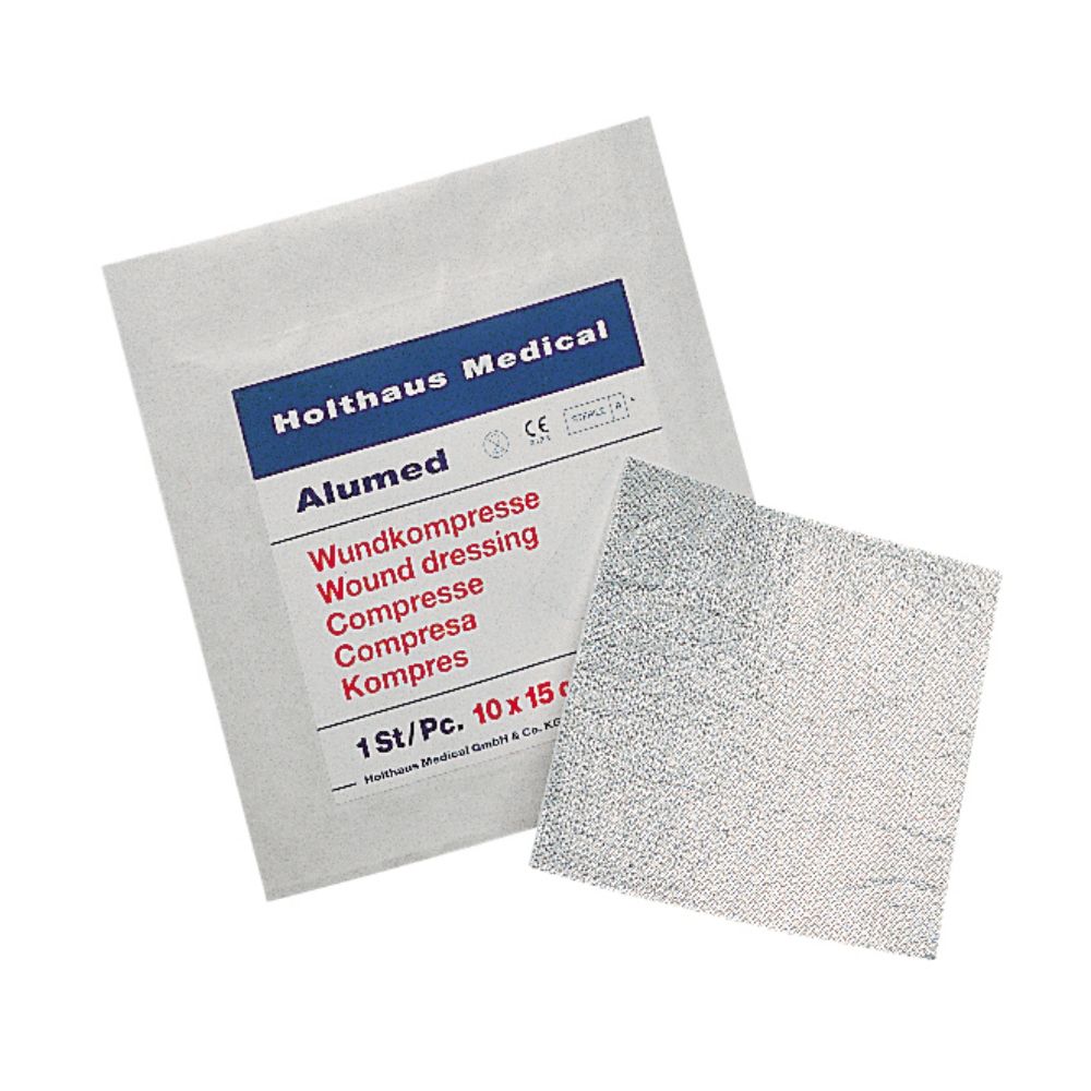 The Holthaus Medical Alumed® wound compress package from Holthaus Medical GmbH & Co. KG features a wound dressing with an aluminum net in several languages. It measures 10 x 10 cm and contains a single sterile piece (1 piece).