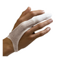 A hand with elastic finger cots from Holthaus, covering the index finger and extending to the base of the thumb, by Holthaus Medical GmbH & Co. KG. The breathable, stretchable bandage secures the index finger. The background is plain white.
