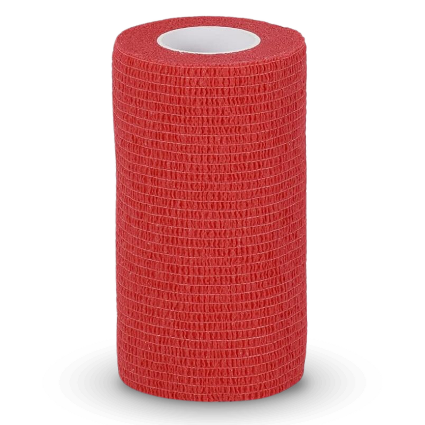 A red, cylindrical roll of Holthaus VliVet® self-adhesive bandage for veterinary use from Holthaus Medical GmbH & Co. KG, designed to adhere to itself without sticking to skin or hair. The roll stands upright on a plain white background, with a hollow core visible in the middle – ideal for use in hoof care and the veterinary field.
