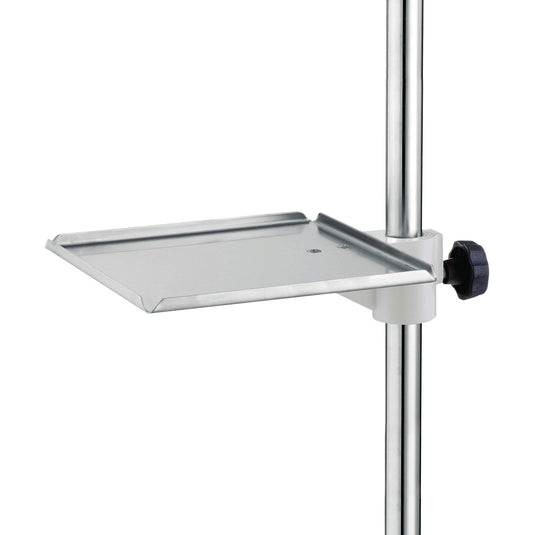 The Novocal stainless steel tray for infusion stands (315 x 275 mm) with handle offers three raised edges, adjustable knob, and bracket - ideal for safely placing medical utensils. Package: 1 piece.