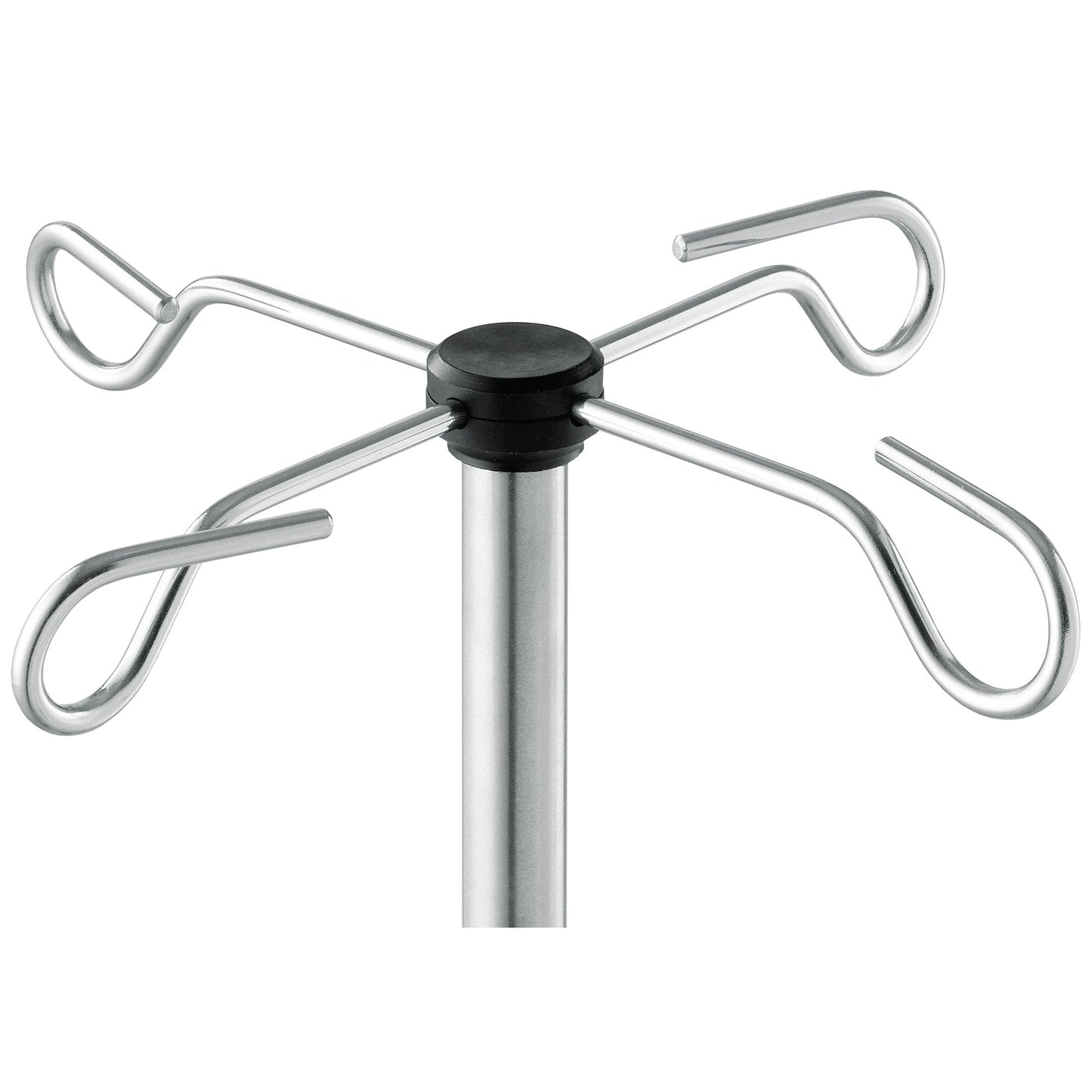 Close-up of the Novocal bottle cross for infusion stands by Novocal with four symmetrically arranged metal hooks for securely holding medical infusion bags.