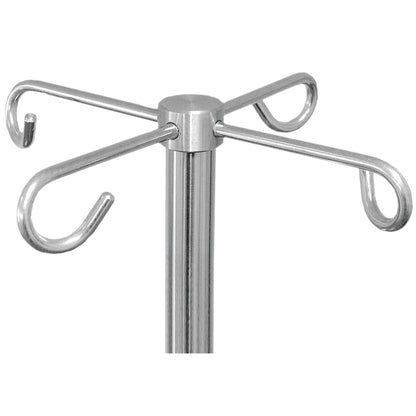 Close-up of a stainless steel infusion stand with the Novocal bottle cross for infusion stands with four hook arms by Novocal for holding bags for intravenous fluids.
