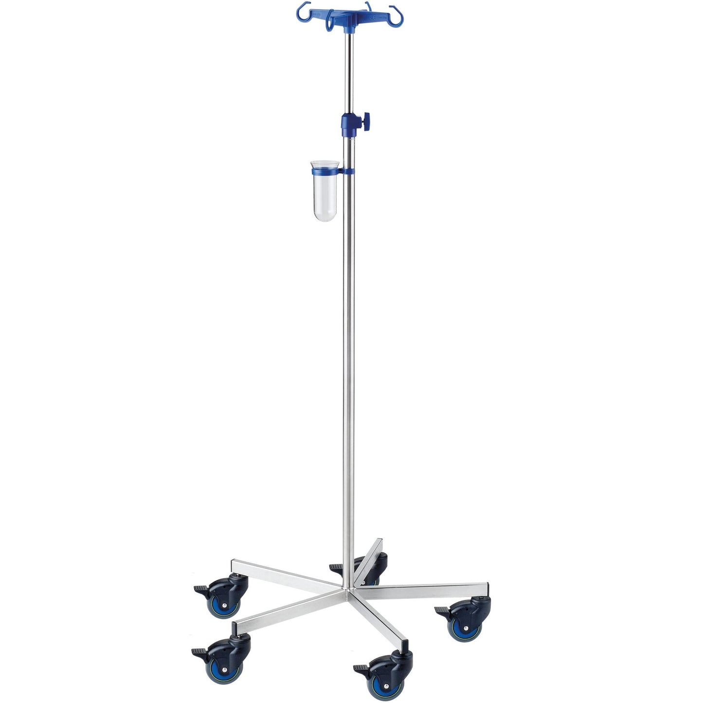The antimagnetic Novocal infusion stand MRI made of stainless steel (tube diameter 25/18 mm) features four hooks, an adjustable rod, five castors, and a small transparent container for flexible mobility.