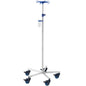 The antimagnetic Novocal infusion stand MRI made of stainless steel (tube diameter 25/18 mm) features four hooks, an adjustable rod, five castors, and a small transparent container for flexible mobility.