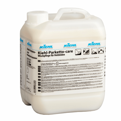 A 5-liter plastic container of Kiehl Parketto-care self-gloss care dispersion for wooden floors by Johannes Kiehl KG with German labels and pictograms on the front, showing application instructions.