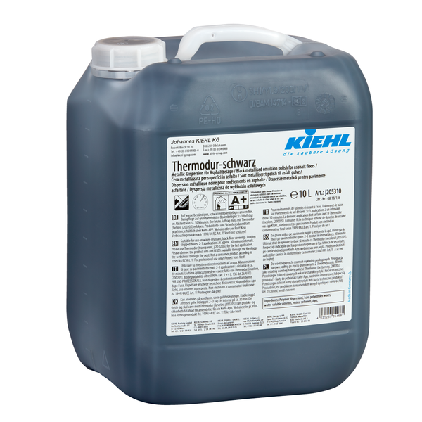 A 10-liter canister of Thermodur-black universal dispersion by Johannes Kiehl KG for asphalt floors, in a dark plastic container with a white lid and a label with usage and safety instructions.