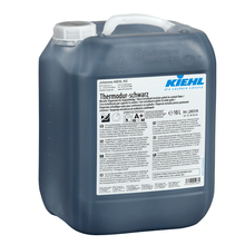 A 10-liter canister of Thermodur-black universal dispersion by Johannes Kiehl KG for asphalt floors, in a dark plastic container with a white lid and a label with usage and safety instructions.