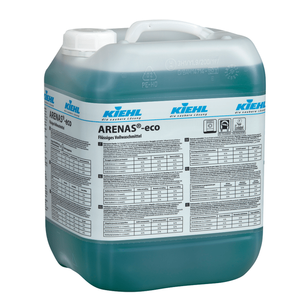 A large plastic canister labeled "Kiehl ARENAS-eco Liquid Detergent" from Johannes Kiehl KG contains teal-colored liquid detergent. The German label includes product information, instructions, dosage tables, and safety symbols.