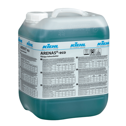 A large plastic canister labeled "Kiehl ARENAS-eco Liquid Detergent" from Johannes Kiehl KG contains teal-colored liquid detergent. The German label includes product information, instructions, dosage tables, and safety symbols.