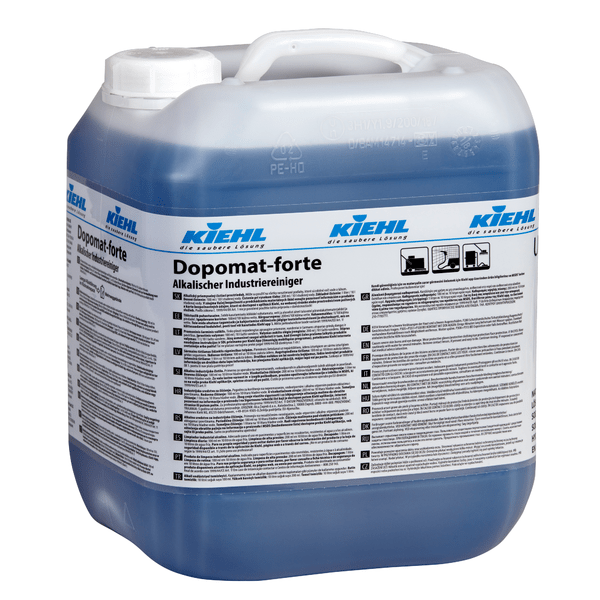 Large plastic container of Kiehl Dopomat-forte alkaline industrial cleaner from Johannes Kiehl KG with a white cap and handle, featuring multilingual product information and instructions on the label.