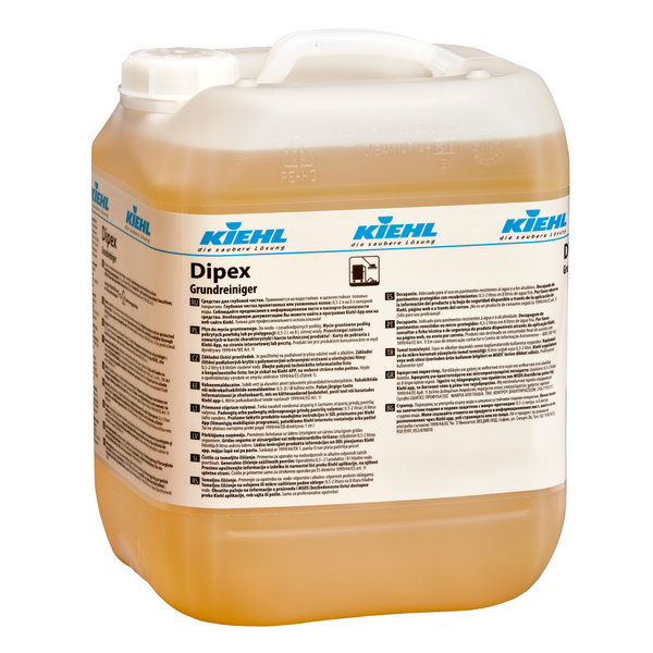 A 10-liter plastic container from Johannes Kiehl KG Kiehl Dipex Basic Cleaner, a light brown liquid for effective and thorough cleaning of all surfaces, with a handle and multilingual label.