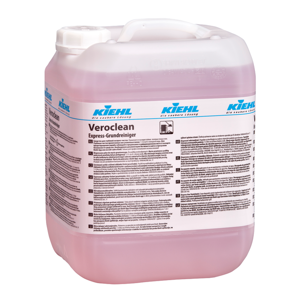 In a large, transparent plastic container with a white lid is the pink Kiehl Veroclean Express basic cleaner from Johannes Kiehl KG, which enables quick and effective cleaning as a reliable all-purpose basic cleaner.