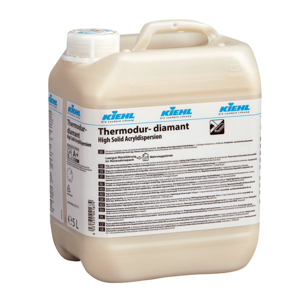 A 5-liter Johannes Kiehl KG Thermodur-diamant high-solid acrylic dispersion (carton, 2 bottles) with high coverage and detailed multilingual labels on the side.