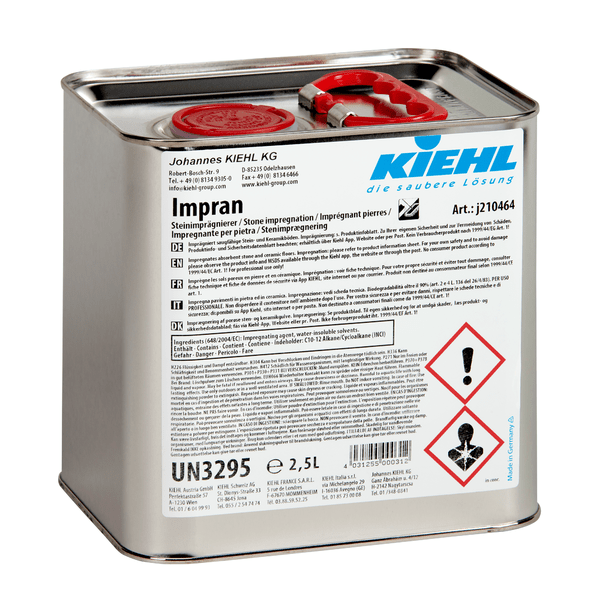 2.5-L metal container from Johannes Kiehl KG Impran stone impregnator with red lid and handle, labeled for safe application and effective protection of terraces and stone surfaces; carton contains 4 bottles.